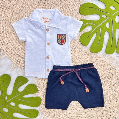 Conj. Camisa Gola Polo Brasão "T&B" e Bermuda - Branco e Marinho